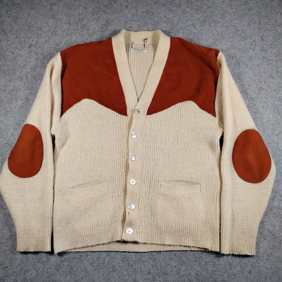 Vintage Other - Vintage Western Cardigan Sweater Cream Rust Suede Yoke Elbow Patches L Mohair